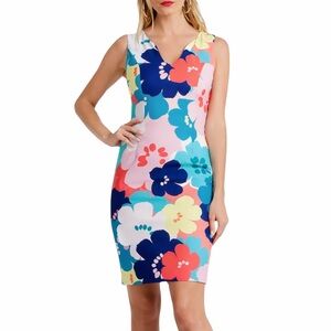 Trina Turk Coral Lily Dress Size 6 Sleeveless Floral V Neck Sheath Spring Shift